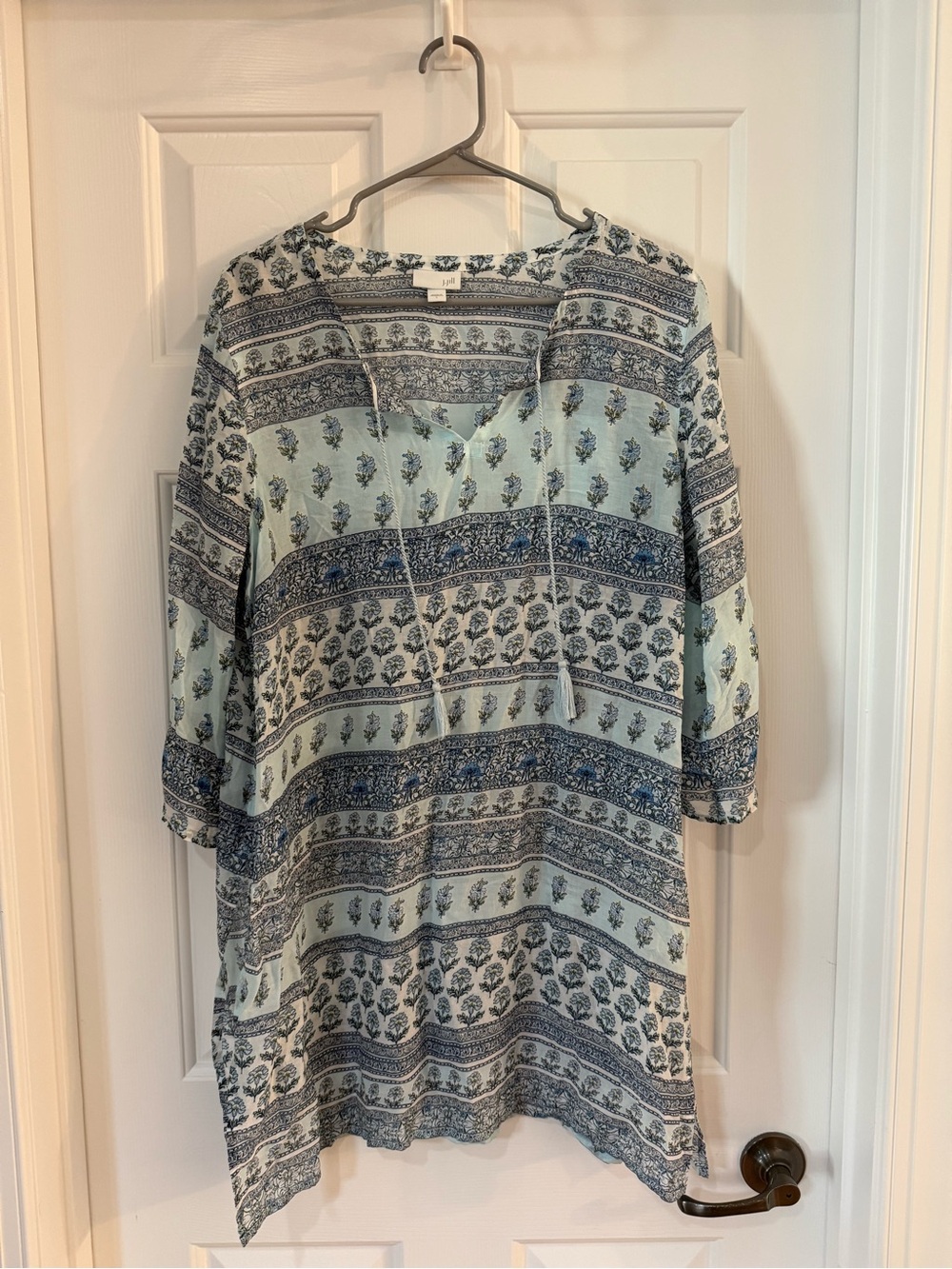 J. Jill Blue and White Printed Tunic with Tie Neck